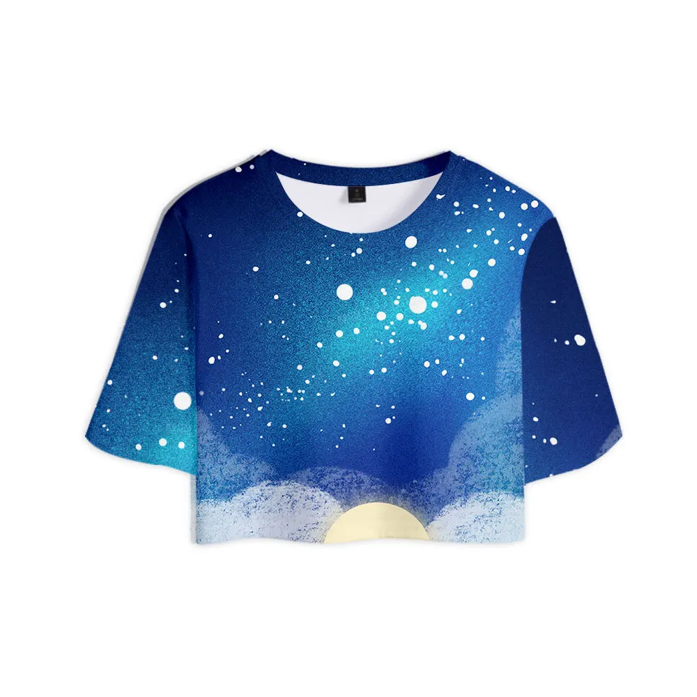 

2022 New Women's T-Shirt Summer College Fashion Galaxy Print Chic Luxury Girl Top Sexy Navel Short Sleeve Cartoon Casual Clothes