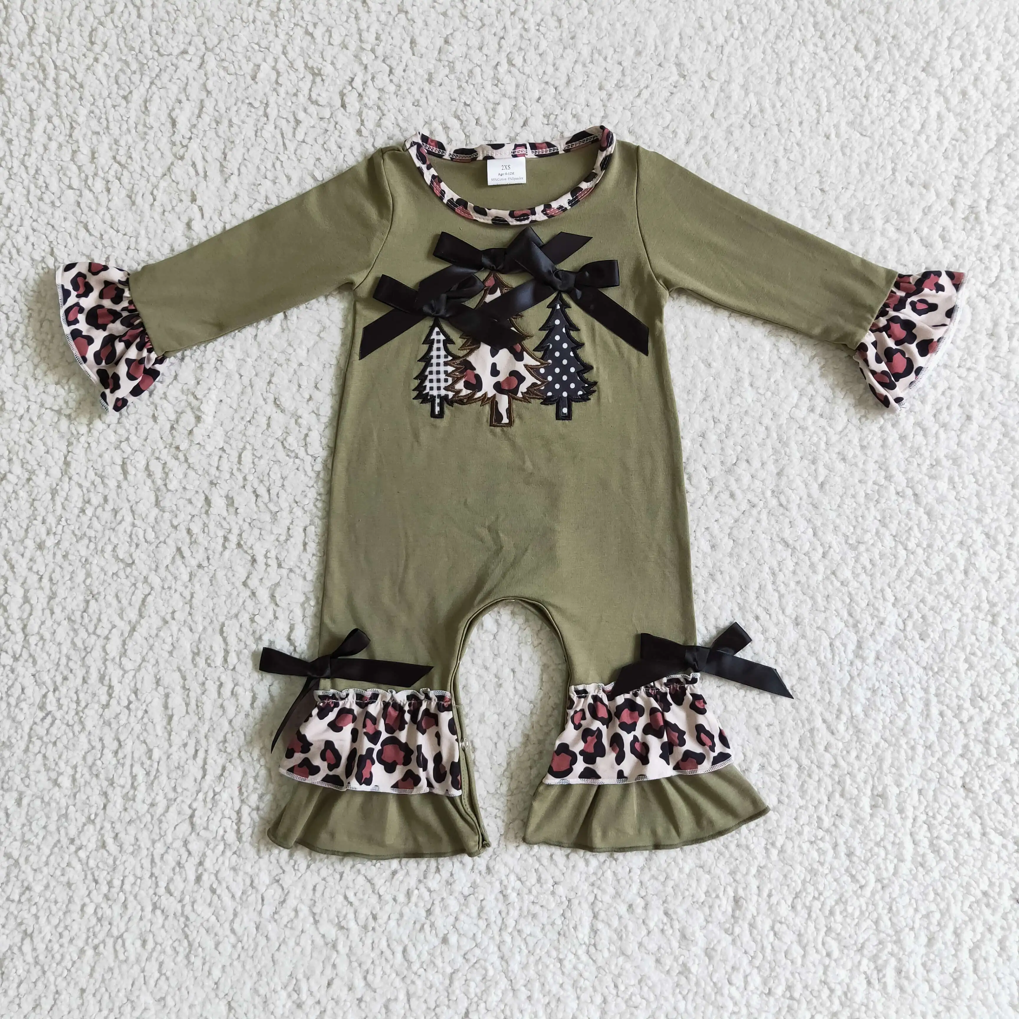 

2022 Christmas baby romper embroidery trees pattern leopard printed with bows autumn winter toddler girls romper wholesale