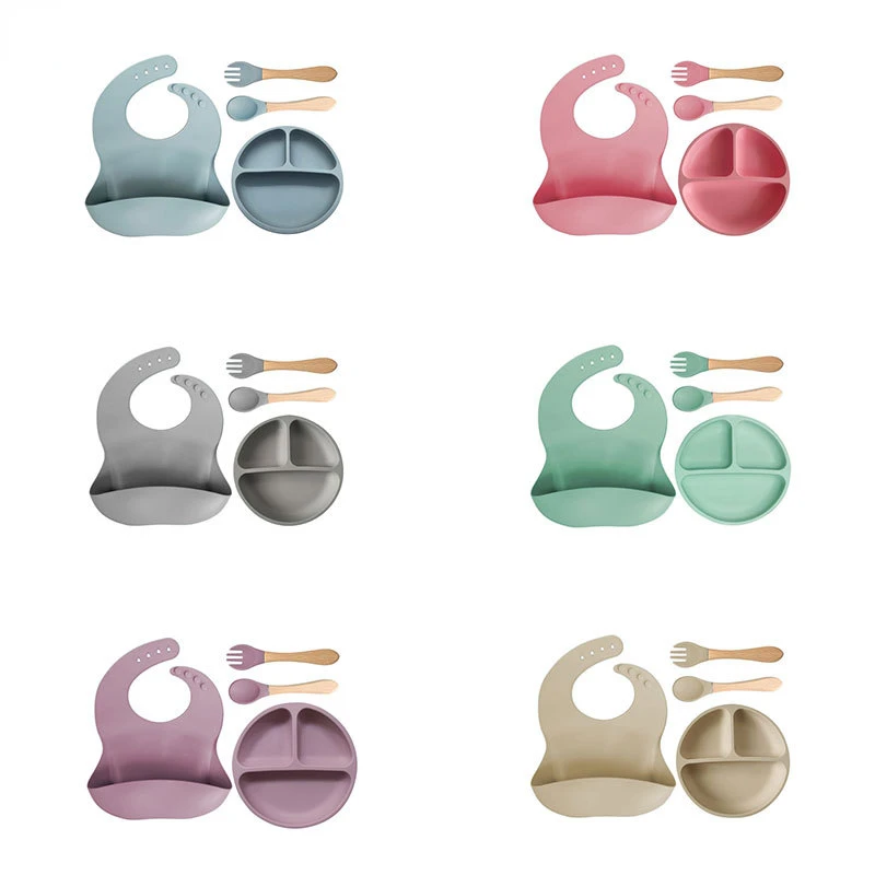 4pcs Baby Silicone Bibs Sucker Plate Spoon Fork Sets Non-slip Tableware Portable BPA Free Children's Food Feeding Dishes Cutlery