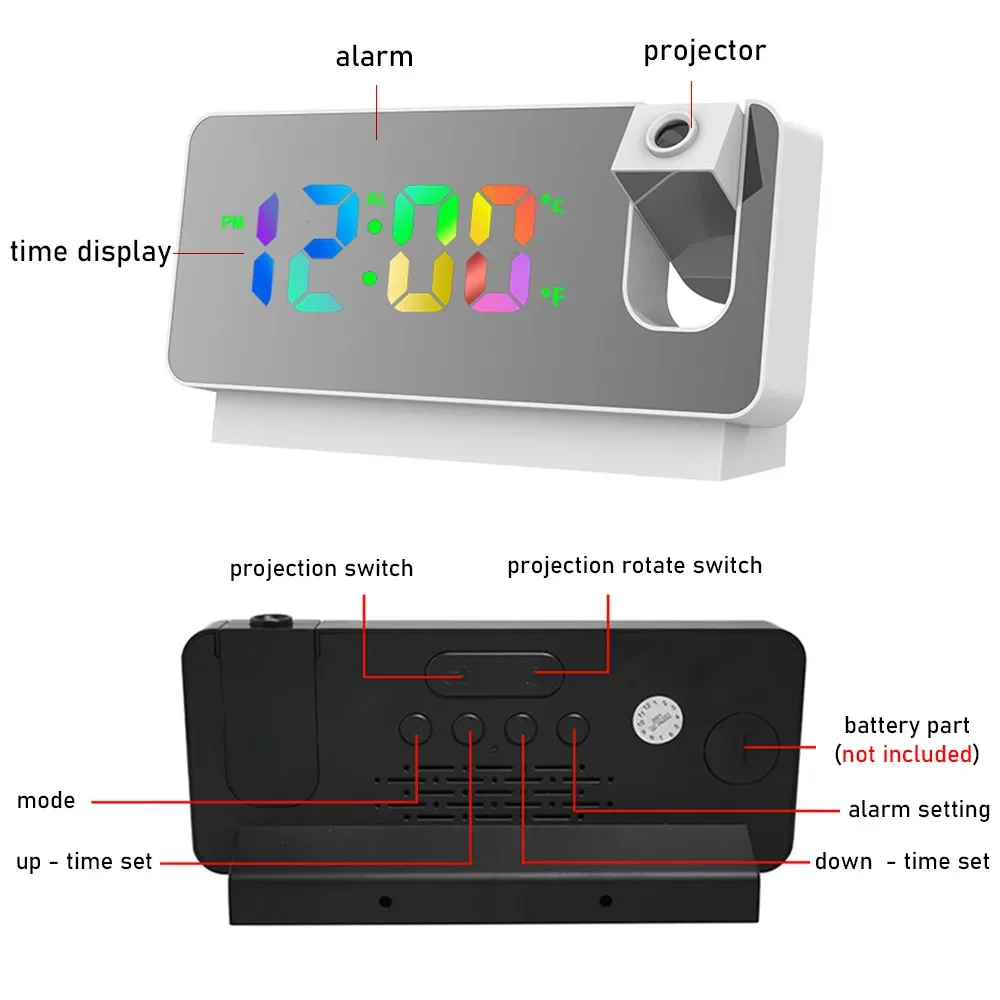 

2023 180° Rotation LED Digital Projection Alarm Clock Mute Electronic Clock Ceiling Projector Alarm Clock For Bedroom Bedside D