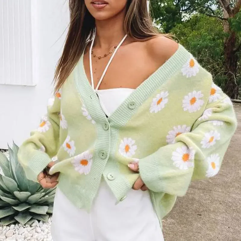 2024 новый модный вязаный свитер с v-образным вырезом кардиган жаккардовый милыми