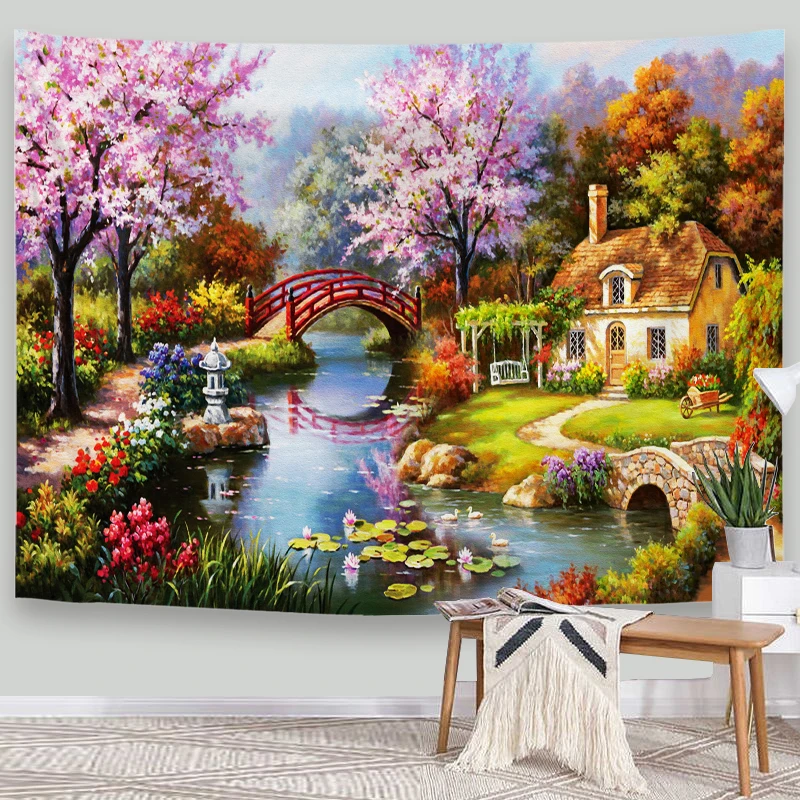 

Psychedelic Tapestry Blankets Oil Painting Style Rural Town Castle Scenery Wall Hanging Bedroom Backdrop Decor Curtains Cloth