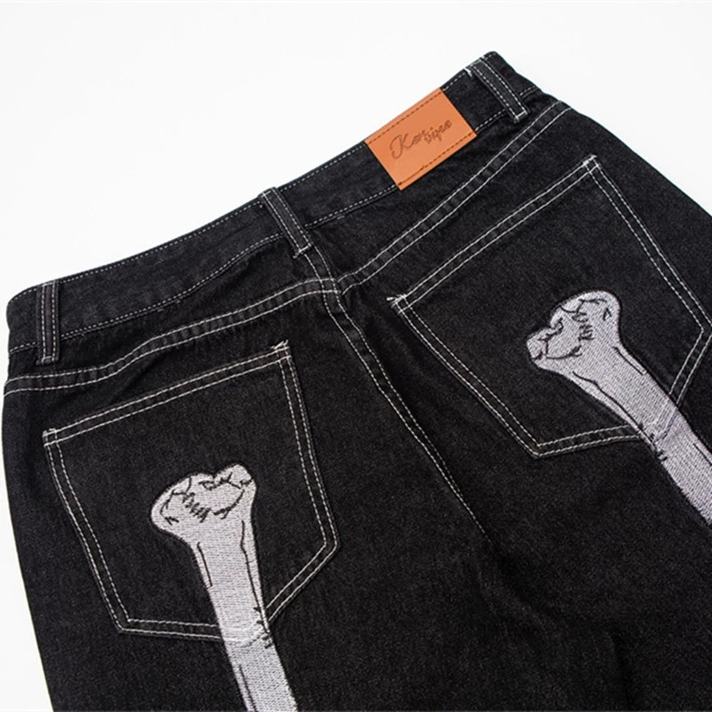 Retro Skull Hand Bone Embroidery Washed Mens Jeans Pants Y2K Straight Casual Oversize Denim Trousers Loose Streetwear Pantalones