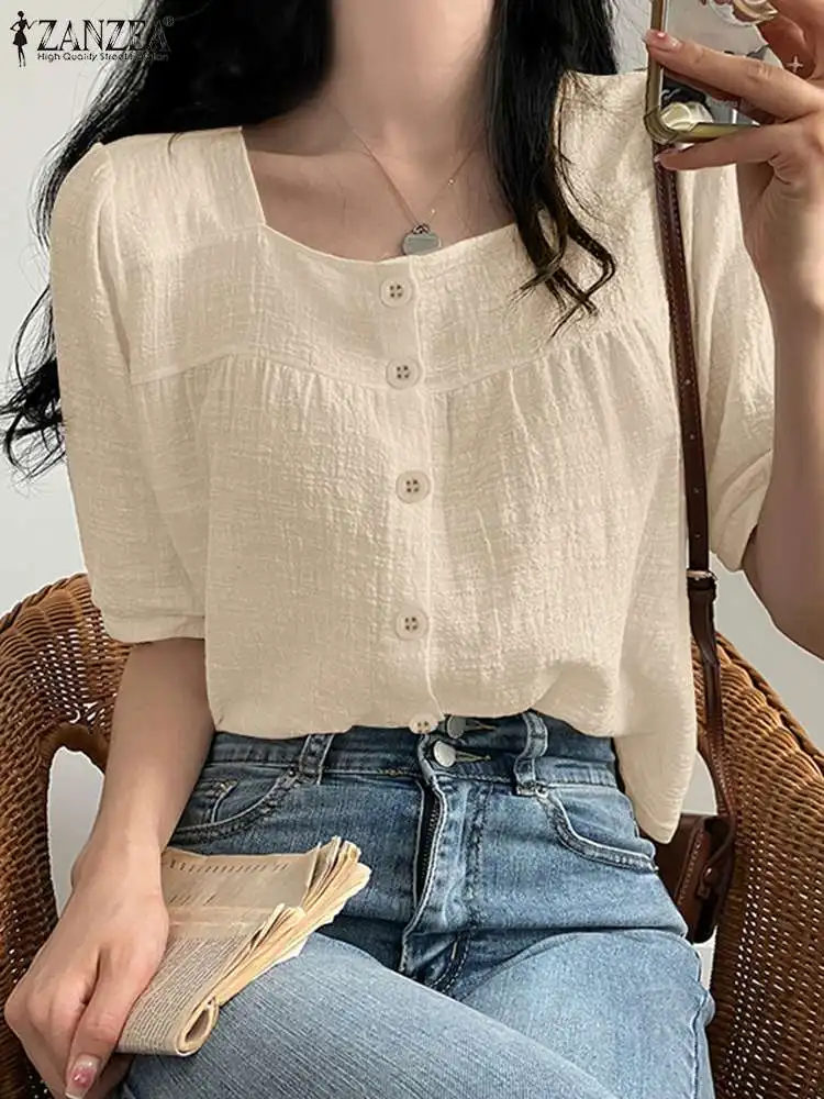 

ZANZEA Loose Square Neck Tunic Textured Short Puff Sleeve Solid Buttons Shirt Women 2023 Fashion Korean Style Casual Blouse Tops