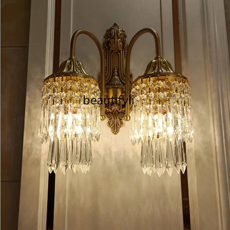 

Настенный медный светильник yj в европейском стиле для спальни, перезаряжаемая прикроватная лампа для коридора из хрустальной меди с французской проводкой