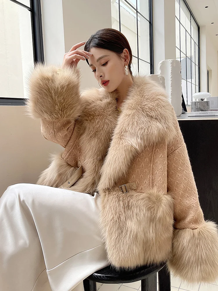Women Real Fur Coat Autumn Winter Chic Big Fox Fur Collar Patchwork Wool Knitting Fur Jacket Loose Goose Down Filling Outerwear
