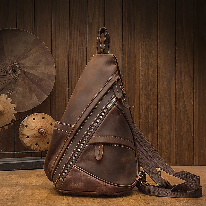 

Handmade cowhide men's chest bag trendy large-capacity multi-function messenger bag retro leather backpack casual men's bag