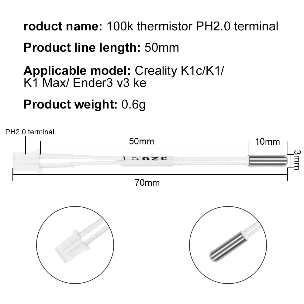 Для Creality K1/K1 Max Hotend керамическая нагревательная трубка 24 В 60 Вт 300 ° C Термисторный