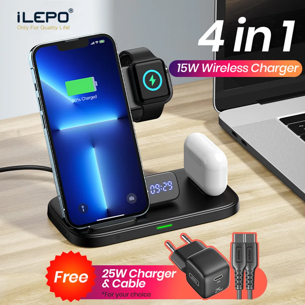 

4 in 1 Wireless Charger For iPhone 13 12 11 Pro Max X 8 Airpods iWatch 15W Qi Fast Charging Stand For Xiaomi Huawei Samsung