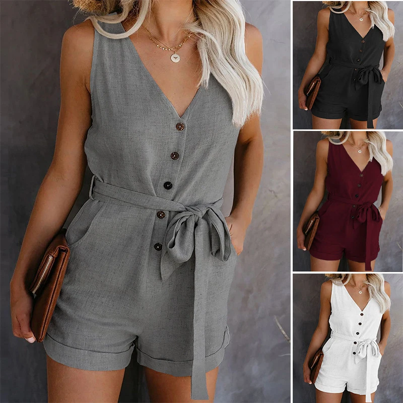 

Women Summer Clothes Off Shoulder Belted Tunic Sleeveles Playsuit Solid Casual V-neck Short Home Jumpsuit 2023 Dropshipping