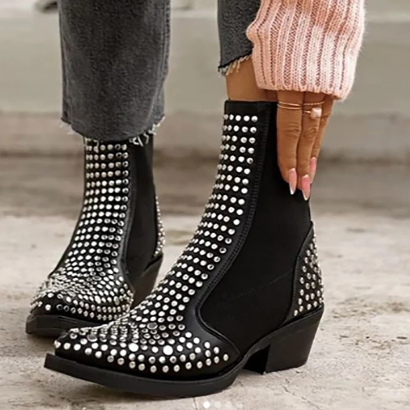 

FVFV New Fashion Women Ankle Boots Design Nail Western Boots Autumn Women Boots Slip-On Cowboy Shoes Punk Style Motorcycle Shoes
