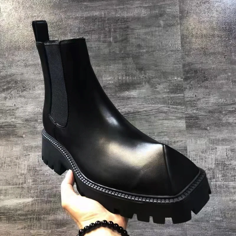 

New Genuine Leather Men's Boots Rhinoceros Horn Square Head Thick Sole Dark Motorcycle Leather Boots Trend Men's Shoes