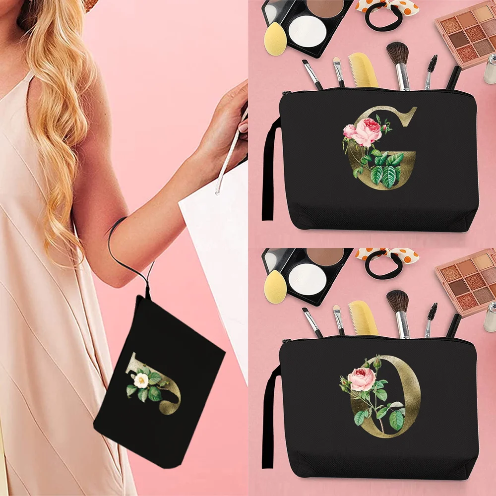 

Makeup Cosmetic Bags Golden Flowers 26 Letters Print Pencil Cases Bridal Party Make Up Pouch Lady Tote Purse Wedding Gifts