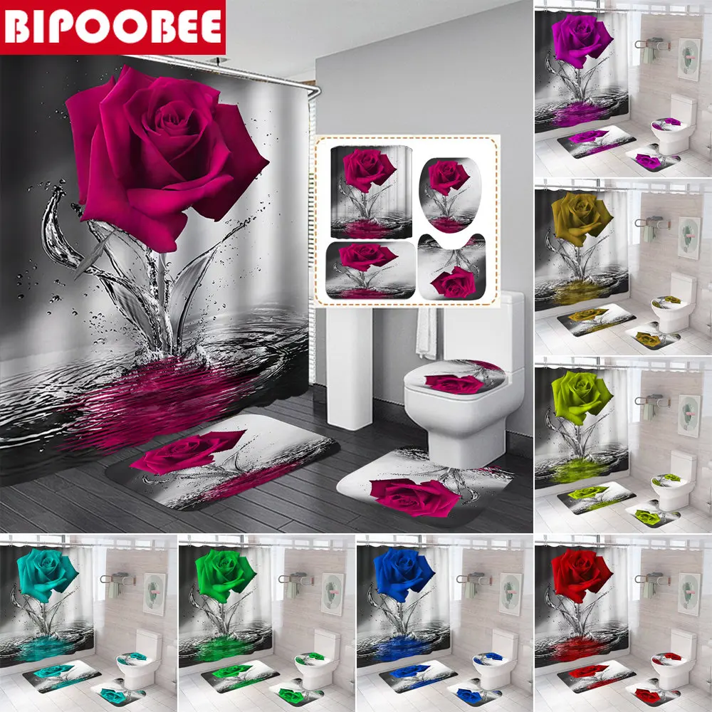 

3D Rose Printed Fabric Shower Curtain Toilet Lid Cover Water Splash Flower Bathroom Curtains Bath Mat Set Home Decor Accessories