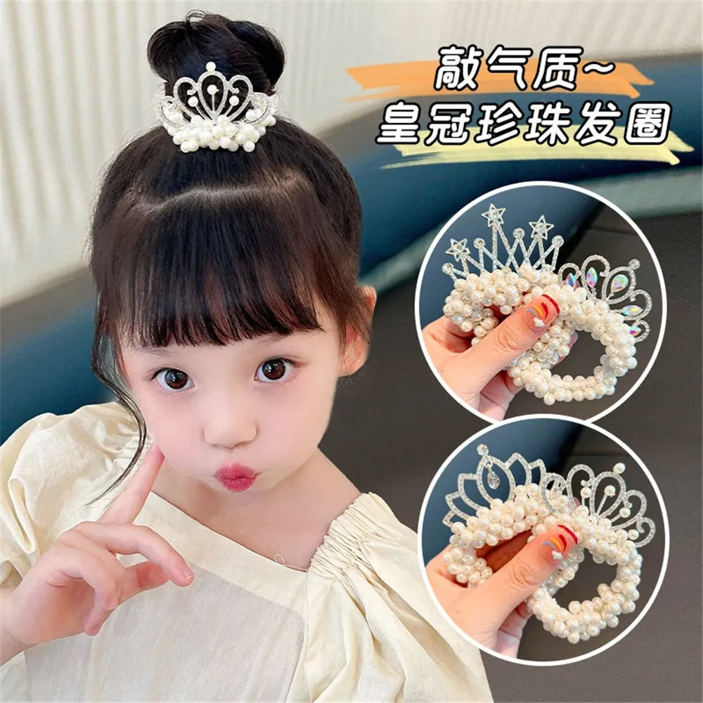 

Children's Hair scrunchies Princess Wind Pearl Crown Headdress Elastic Good Head Rope Little Girl Hair Tie Rubber Headware