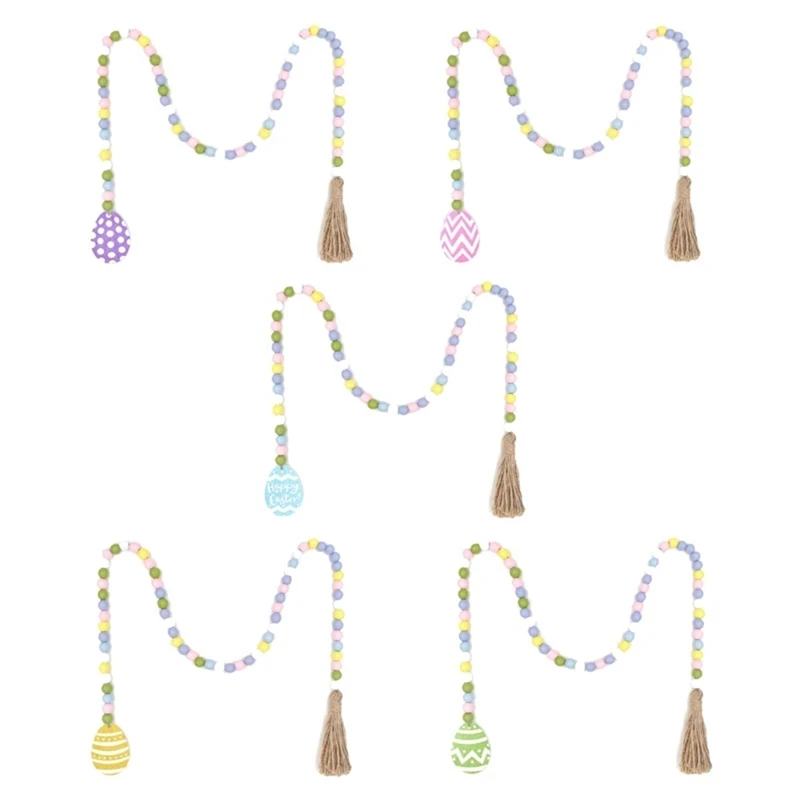 

5Pcs Spring Wooden Beads Garland With Tassels Easter Egg Tag Farmhouse Rustic Tiered Tray Decorations Holiday Country