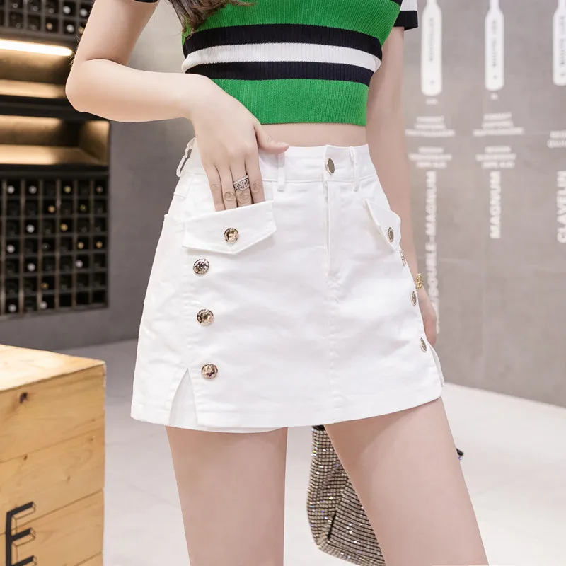 Summer Women's High Waist Slim Denim Shorts New Fashion Casual Skirt Shorts Girls Slit Red A-line Short Jeans Female Streetwear