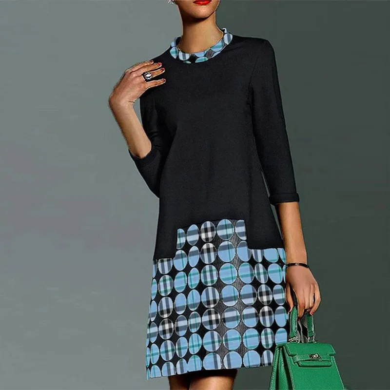 

RichkedaStore Women Spring O Neck Long Sleeve A-Line Mini Dress Autumn Elegant Office Party Dress Fashion Circle Print Patchwork