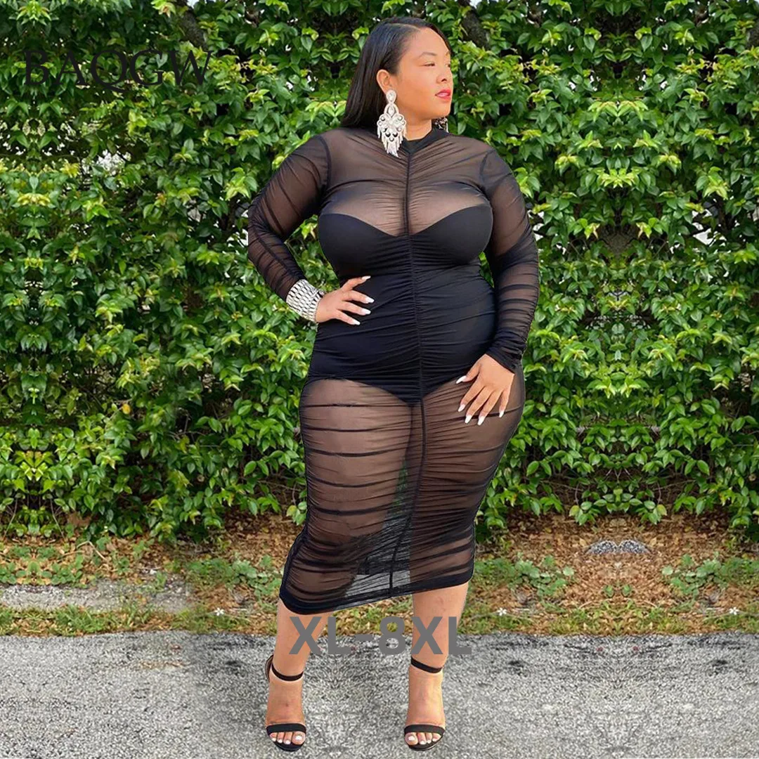 

Plus Size Nightclub Mesh Patchwork See Through Pleated Sexy Dress for Women Long Sleeve Transparent Black Slim 3xl 4xl 5xl 6xl