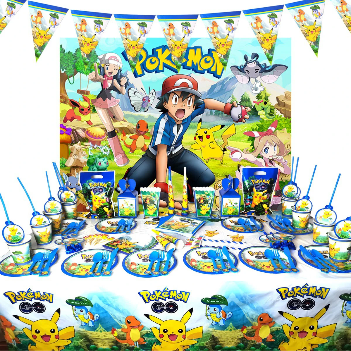 Pikachu 83pcs/lot Birthday Party Decorations Pokemon Disposable Tableware Plate Napkin Baby Shower Customizable Party Supplies