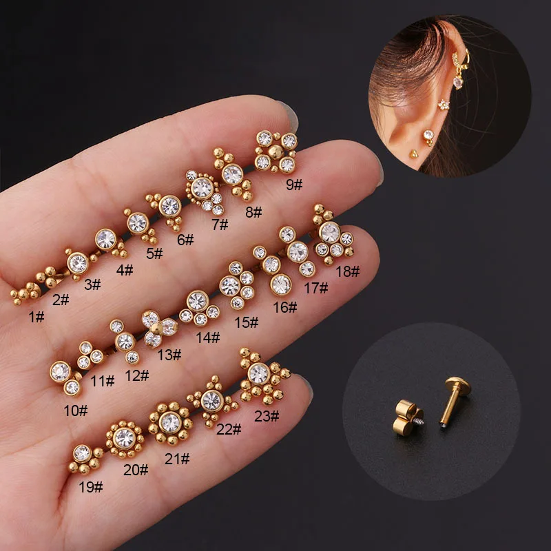 

1Pair Stainless Steel Piercing Labret Studs Geometric CZ Internal Thread Helix Conch Cartilage Tragus Lip Ear Stud Body Jewelry