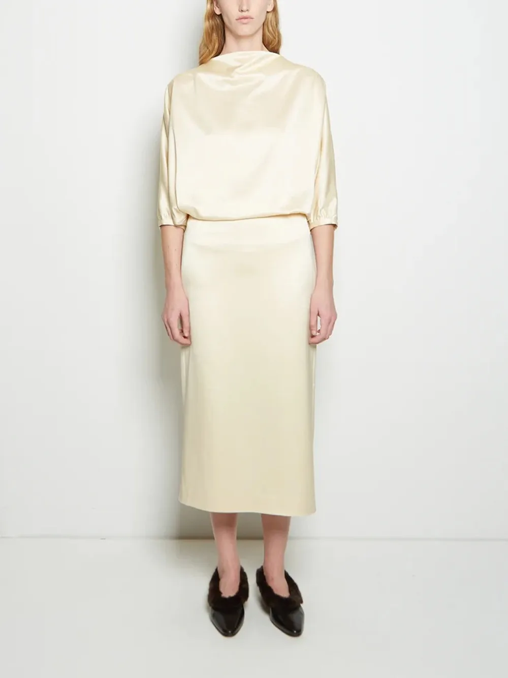 

Satin Set Women O-neck Loose Vintage Temperament Blouse or Slit High Waist Midi Skirt 2023 Spring Summer