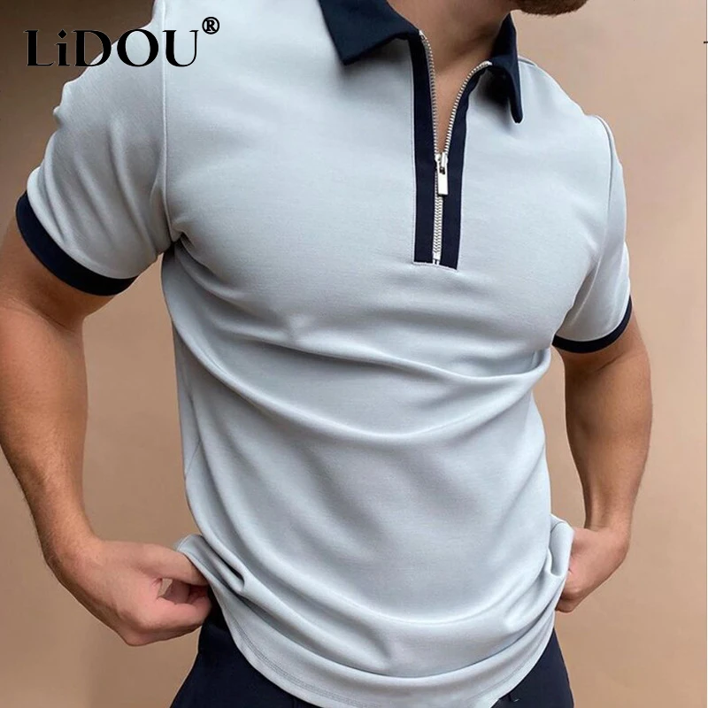 

Summer New Fashion Zipper Business Design Polo Shirt All Match Tight Solid Paneling Short Sleeve Top Man Casual Print Pullover