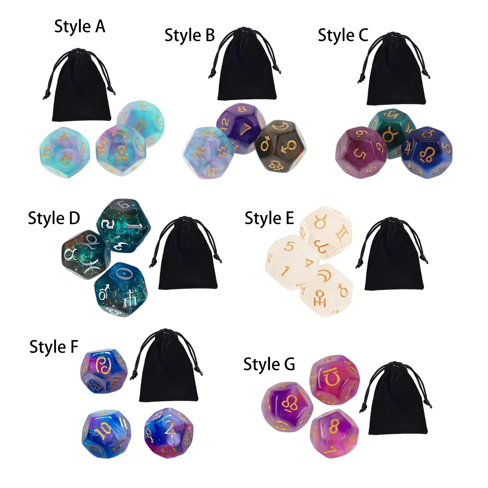 

3x Astrology Signs Dice Constellation dice with Bag for Accessory