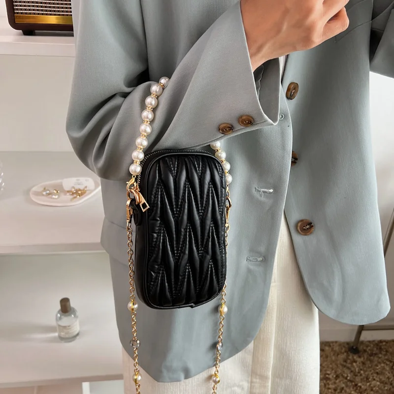 Women's Luxury Brand Design Pearl Chain Mini Shoulder Bag PU Leather Rhombus Pattern Phone Pouch Female Tote Purse Wallet Femele