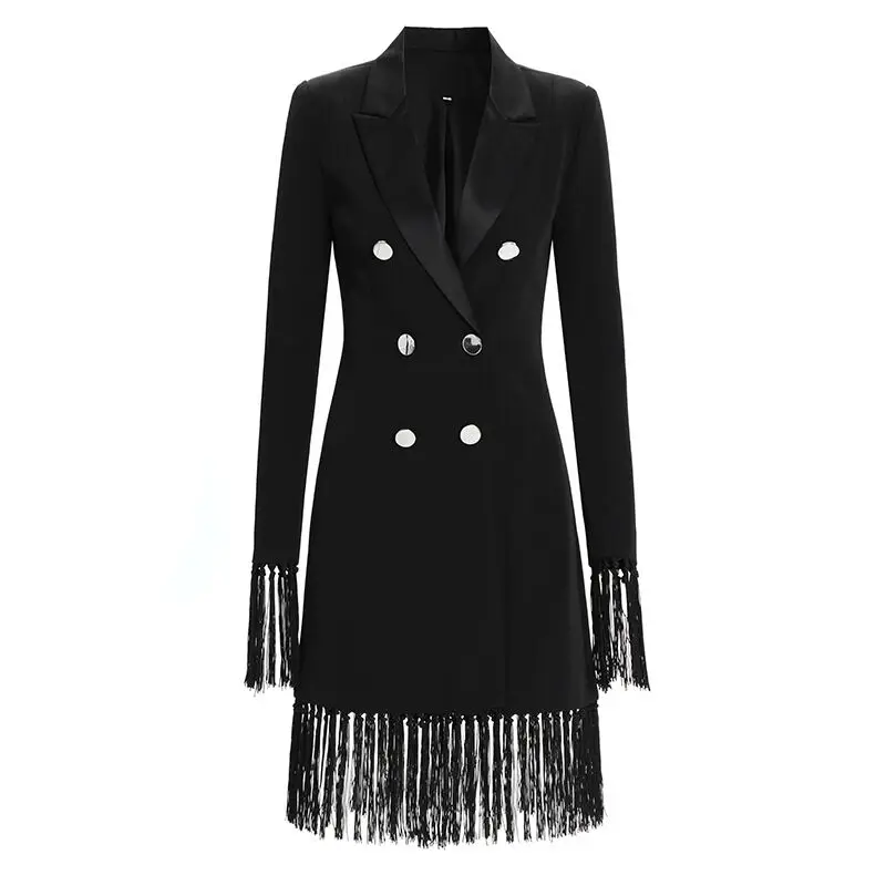 

Retro Commuter Long Sleeve High Waist Solid Color Tassel Set Dress Office Women's Slim Fit Ceremonial Dress Set Jacket Coat Lady