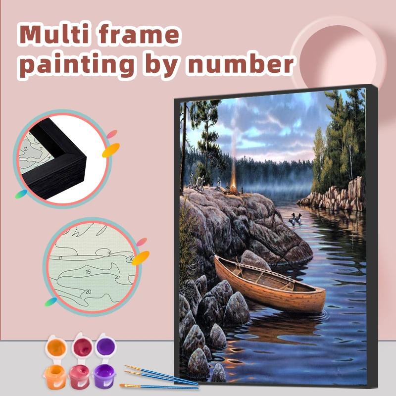 

RUOPOTY Diy Painting By Numbers With Multi Aluminium Frame Kits 60x75cm Lake Boat Coloring By Numbers For Home Decors