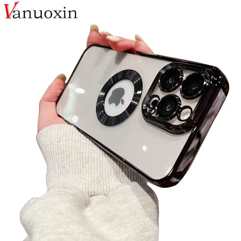 

Luxury Plating Logo Hole Transparent Silicone Case For iPhone 14 11 13 12 Pro Max XS Max X XR 7 8 Plus SE 2020 Soft Clear Cover