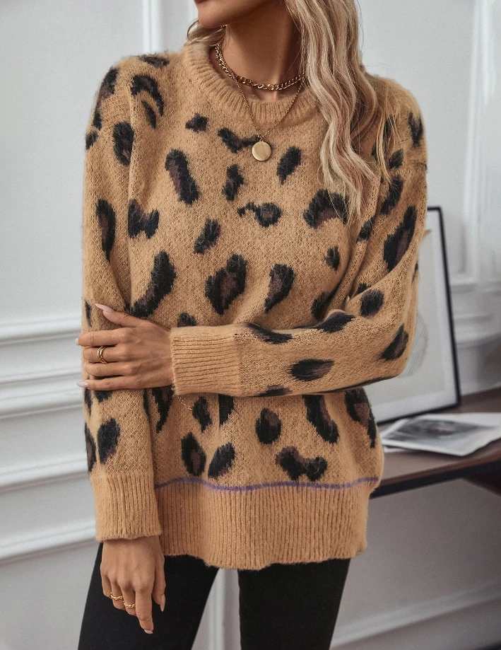 Женский жаккардовый свитер повседневный пуловер с леопардовым принтом и начесом