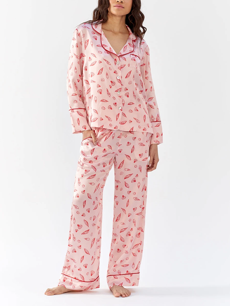 Women 2 Piece Pajamas Set Seashell Print Button up Long Sleeves Shirt and Elastic Pants for Loungewear Soft Sleepwear