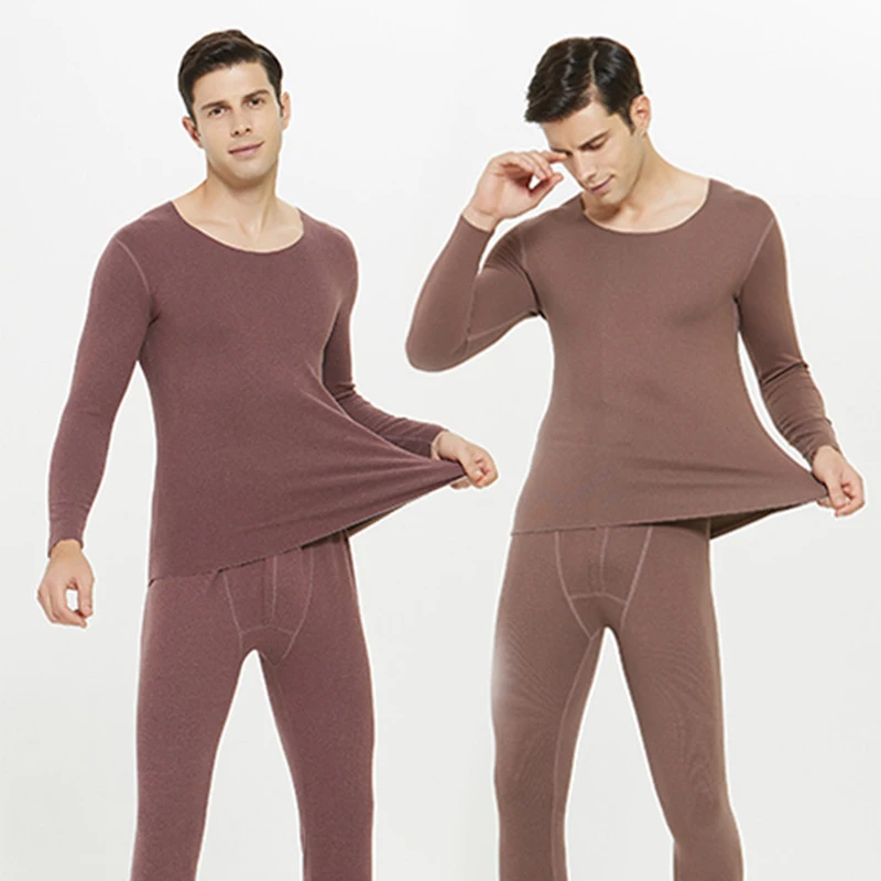 Men's Long Johns 2Pcs Seamless Thermal Underwear Set Male Round Neck Long Trousers + Shirt Suit Autumn Winter Thermo Clothing