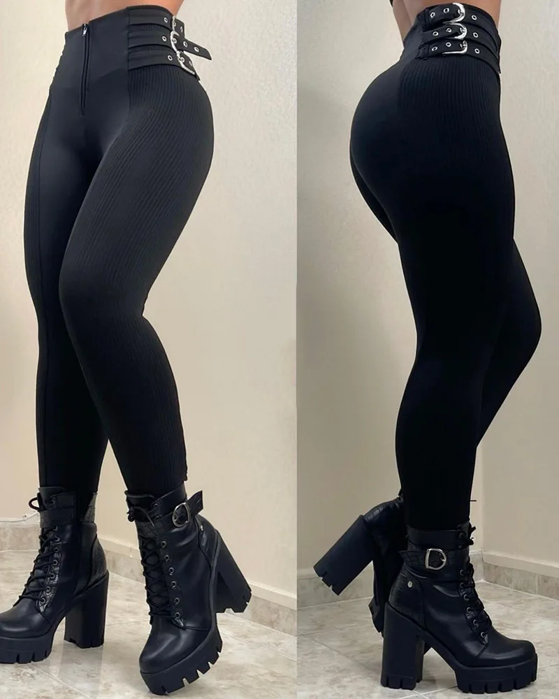 

2023 Women's New Fashion Street Tight Pants, Black Zipper High Waist Slim Pants