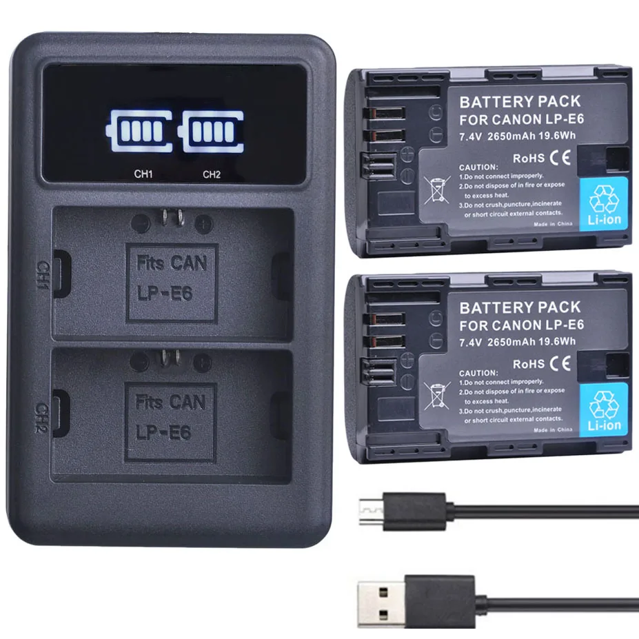 

2X 2650mAh LP E6 LPE6 LP-E6 E6N Battery + LED Dual Charger For Canon EOS 5DS R 5D Mark II 5D Mark III 6D 7D 70D 80D Camera