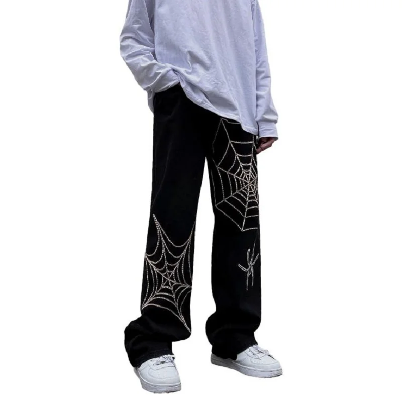 High Street Vibe Spider Web Jeans Men's Spring And Autumn Fashion Brand Ins Street Fashion Design Wide Leg Pants