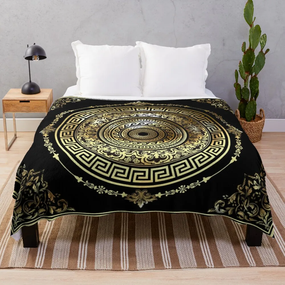 

Ornate Baroque Gold and Black Greek Key Throw Blanket luxury blanket throw rug fashion sofa blankets