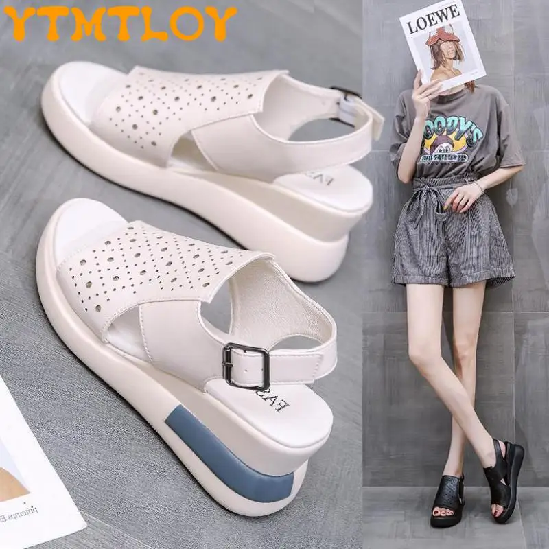 Women Sandals Fashion Soft Leather Ultra-light Thick-soled Hollow Sandals Open Toe Wedge Heel All-match Women's Shoes Comfortabl