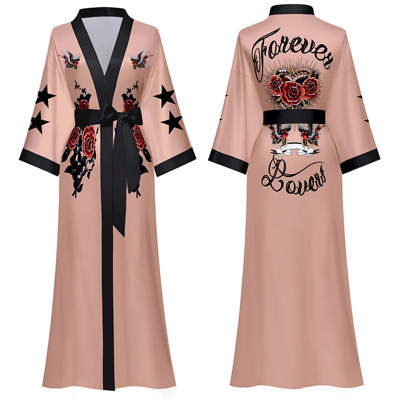 

Print Bird&Starry Sleepdress Summer Women Kimono Robe V-Neck Intimate Lingerie Casual Half Sleeve Bathrobe Gown Long Nightgown