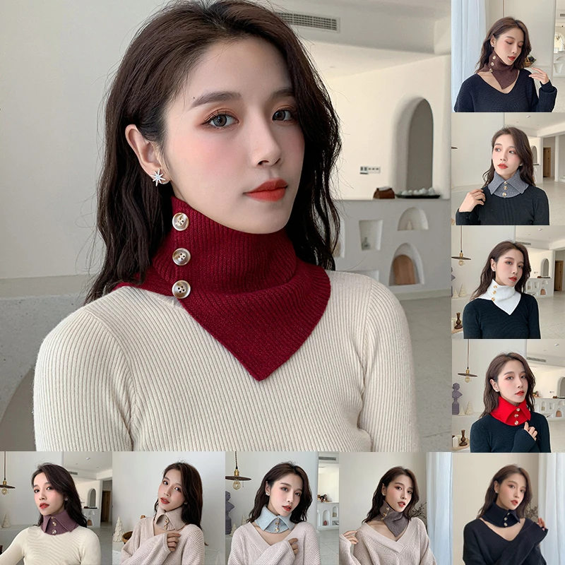 

Fashion Wool Knit Windproof Warm Scarf Winter Thick Elastic Button Soft False Collar Neck Guard Scarves Women Bib Pullover