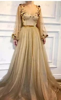 verngo shiny champagne tulle evening dresses puff long sleeves sheer o neck 3d flowers sweep train sparkly prom dress