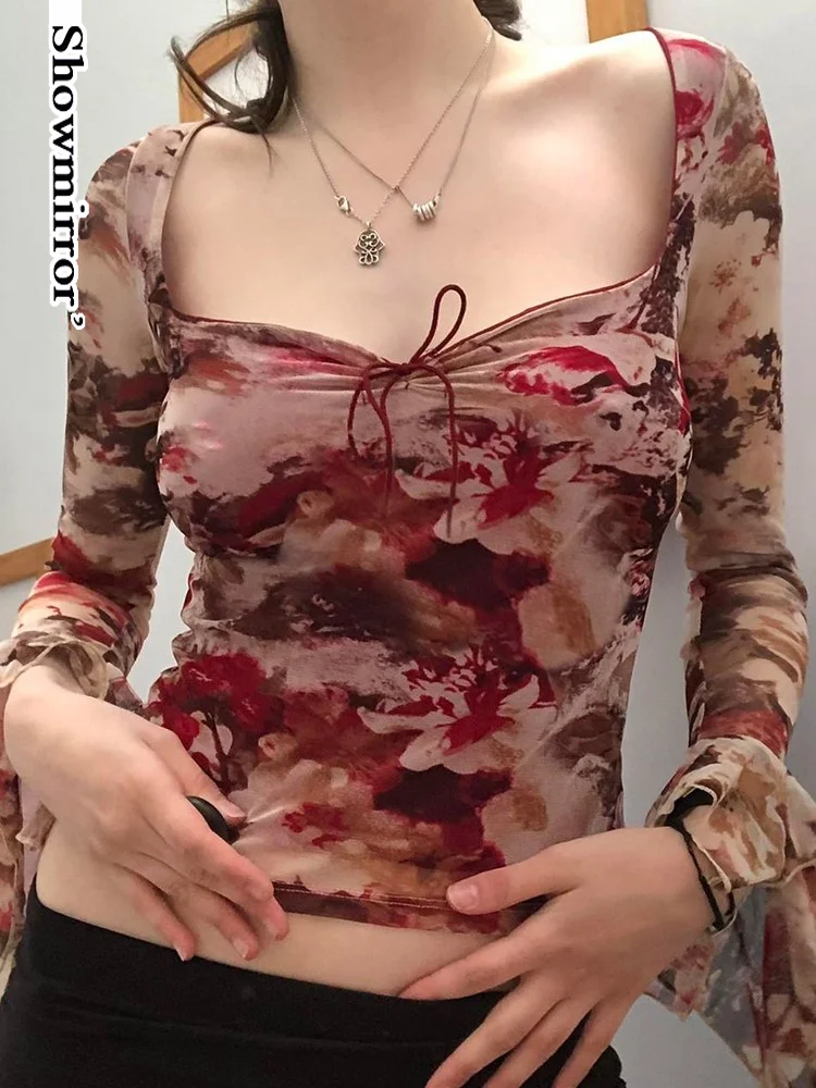 

УКОРОЧЕННЫЙ ТОП Showmirror Y2K в стиле ретро с принтом, Женская эстетичная футболка с длинным рукавом и рюшами, винтажные сетчатые шикарные пуловеры