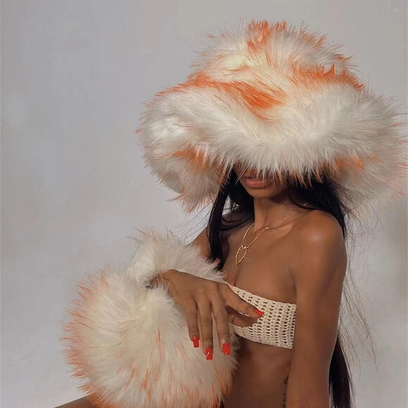 

Winter Warm Big Brim Hat Fluffy Faux Fur Thicken Bucket Hat Women Girl Imitation Raccoon Fur Bonnet Stage Party Decorate Beanies