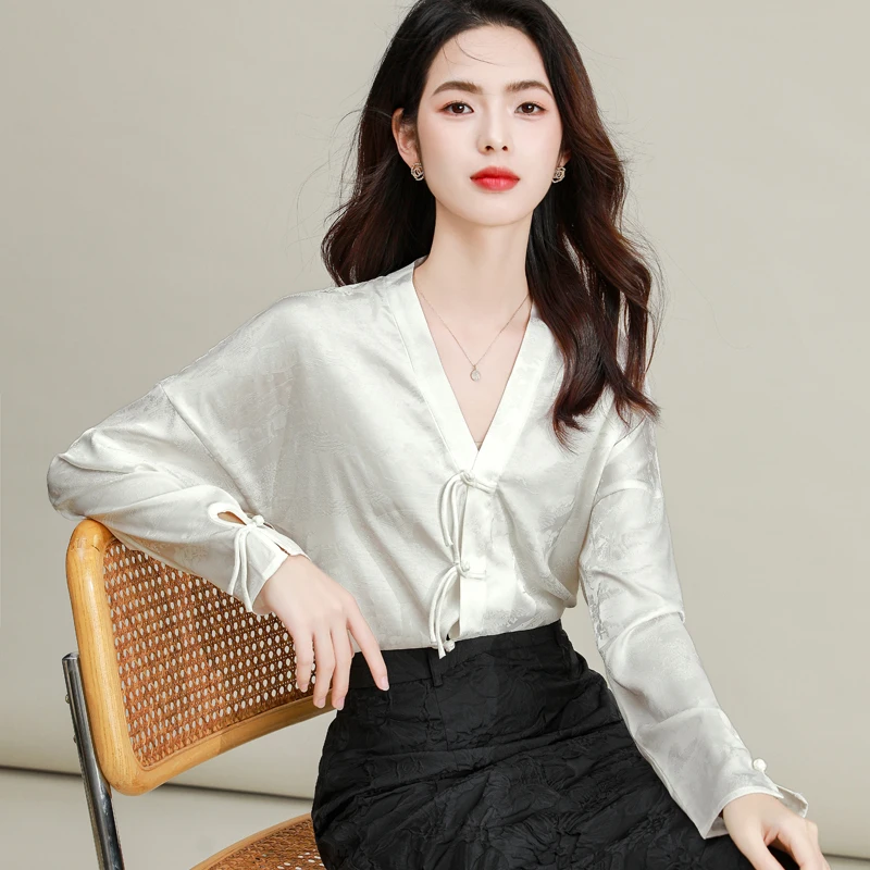 Женская шелковая рубашка в неокитайском стиле белая глянцевая жаккардовая с