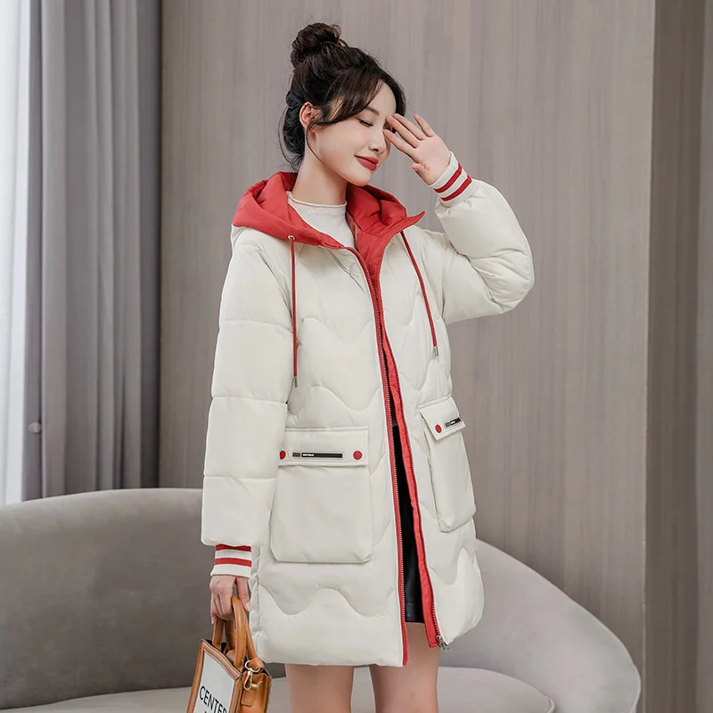 Warm and windproof medium long hooded cotton padded jacket for women 2022 winter new Korean casual fashion stand collar down