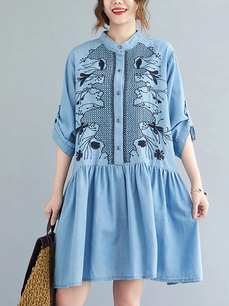 

2022 denim vintage embroidery floral dresses for women casual loose mini autumn summer dress elegant clothing
