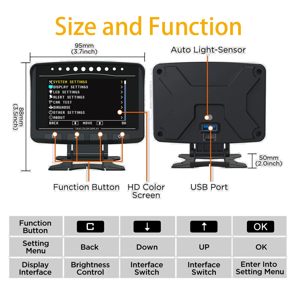 Фото Умный бортовой HUD-дисплей Smart Gauge OBD/OBD2 с поддержкой нескольких языков, высокой производительностью и функцией оповещения о скорости №5