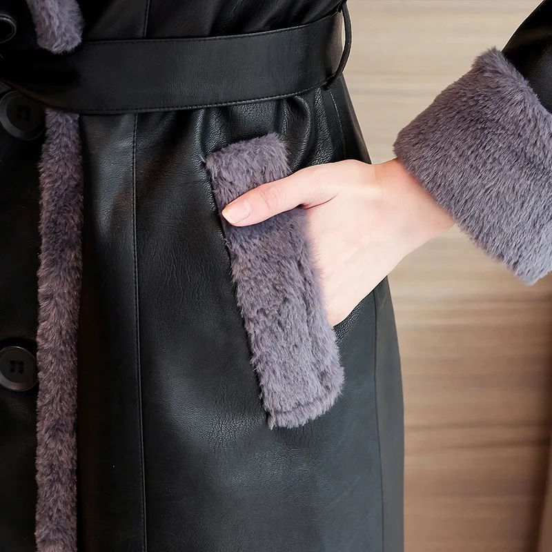 UHYTGF Winter Leather Jacket Women's Fashion Fur Collar Black Casual Warm Coat Female Quality PU Leather Overcoat Ladies 3XL 118